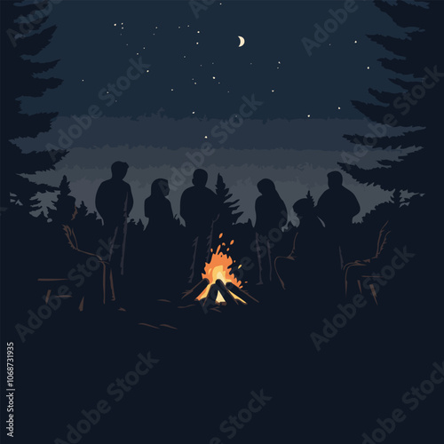 Silhouette of a group of friends around a campfire under a starry sky