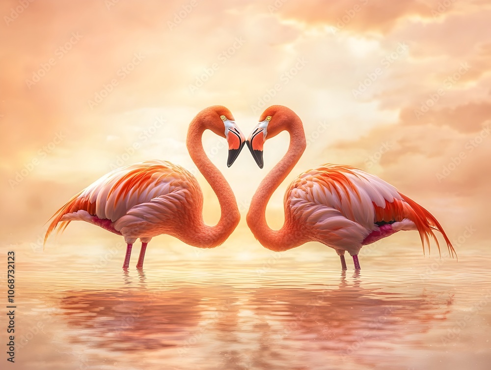 Fototapeta premium Flamingos in Romantic Heart Shaped Pose at Dawn with Reflection