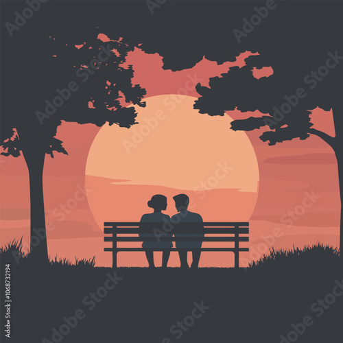 Silhouette of a romantic couple sitting on a park bench