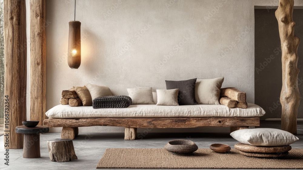 Warm, rustic living room with a handcrafted wooden sofa, earthy textiles, and soft lighting, creating a serene ambiance Warm, rustic living room with a handcrafted wooden sofa, earthy textiles, and soft lighting, creating a serene ambiance
