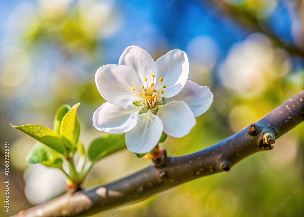 Fototapeta premium Minimalist apple tree, white blossoms, spring's essence.