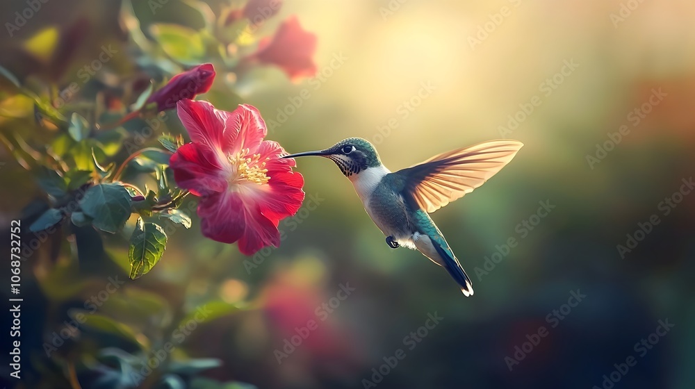 Naklejka premium Delicate Hummingbird Sipping Nectar from Vibrant Red Flower in Morning Light