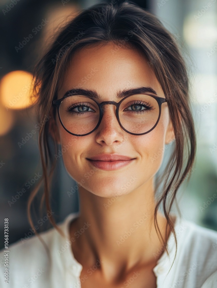 Portrait of a Young business Woman with Soft Natural Makeup, Smiling Against a lightly blurry Glassdoor Background Portrait of a Young business Woman with Soft Natural Makeup, Smiling Against a lightly blurry Glassdoor Background
