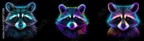 Three raccoon faces rendered in glowing neon colors, with the background black.