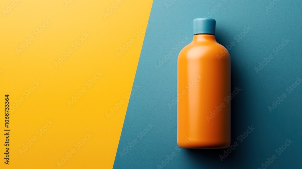 Minimalist composition with an orange bottle with a blue cap placed on a blue and yellow diagonal background. The image emphasizes vibrant colors and simplicity. Minimalist composition with an orange bottle with a blue cap placed on a blue and yellow diagonal background. The image emphasizes vibrant colors and simplicity.