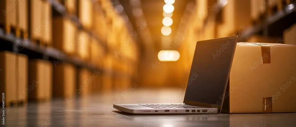 A laptop is placed beside a cardboard box in a warehouse, with shelves filled with boxes in the background, highlighting a workspace or delivery setting. A laptop is placed beside a cardboard box in a warehouse, with shelves filled with boxes in the background, highlighting a workspace or delivery setting.