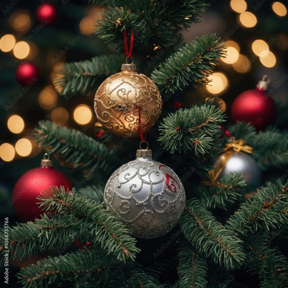 The tree glows with cheerful new year’s spirit The tree glows with cheerful new year’s spirit