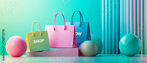 Colorful shopping bags in pink and blue with playful spheres create vibrant e commerce display, inviting customers to shop now and explore exciting products