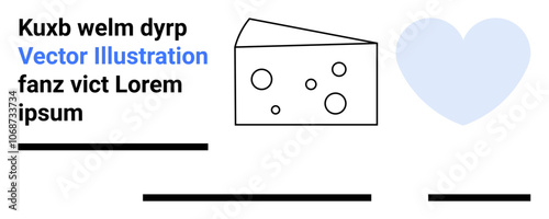 Cheese slice with holes, blue heart, and black text lines. Ideal for food blogs, recipe sites, culinary advertisements, dairy promotions, social media graphics, editorial content, branding. Landing