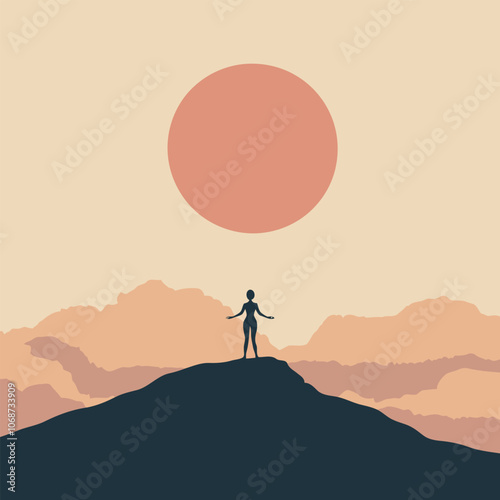 Silhouette of a woman practicing yoga on a hilltop with  sun and clouds in the background