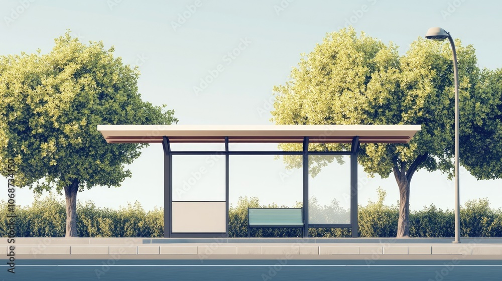 Modern Bus Stop Surrounded by Lush Greenery Modern Bus Stop Surrounded by Lush Greenery