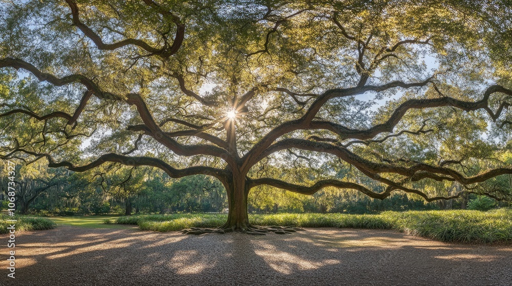 Naklejka premium Majestic Tree with Sunlight Through Leaves