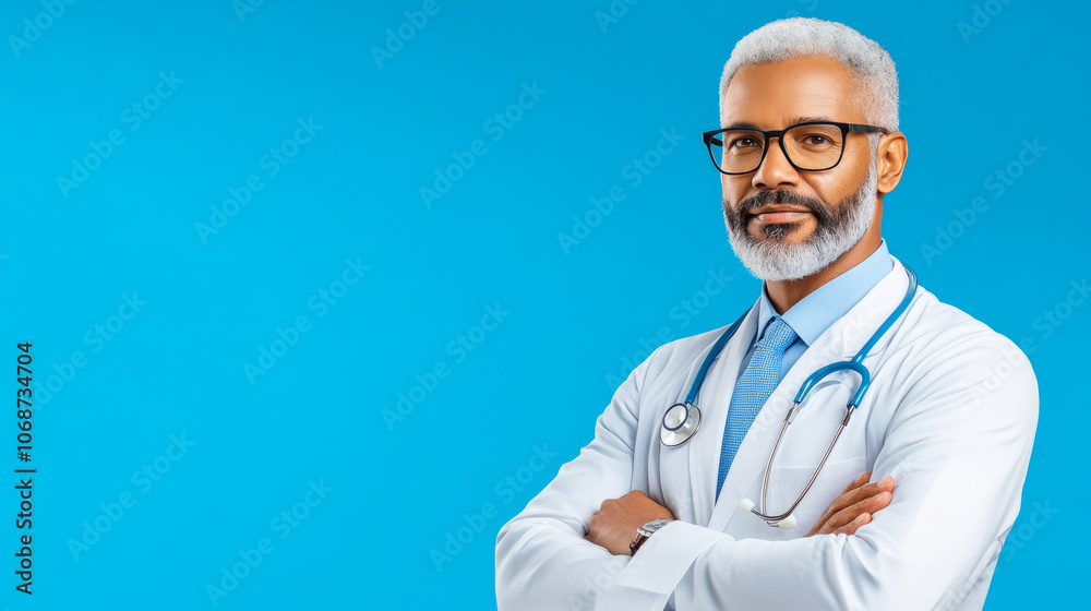 Professional doctor with gray hair and glasses, wearing white coat and stethoscope, confidently posing against blue background Professional doctor with gray hair and glasses, wearing white coat and stethoscope, confidently posing against blue background