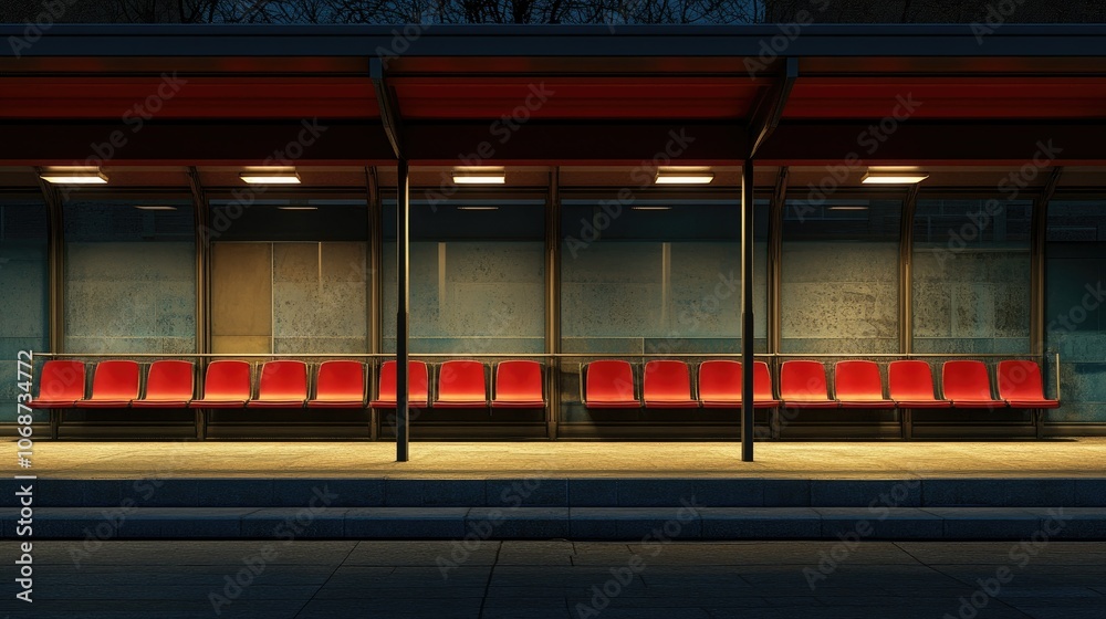 Modern Bus Stop with Red Seats at Dusk