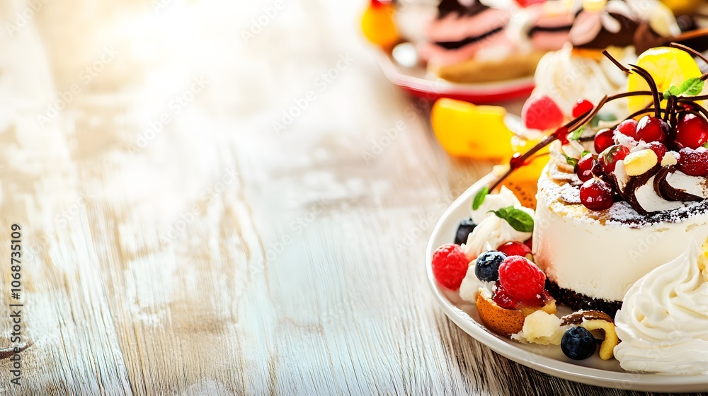 Obraz premium Delicious dessert with cherries, cream, and berries on a wooden table.