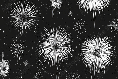 fireworks celebration: hand drawn black and white illustrations