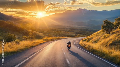 Scenic Motorcycle Ride at Sunrise in Mountain Landscape