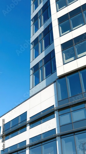 Modern office building with sleek glass windows against a clear blue sky, city