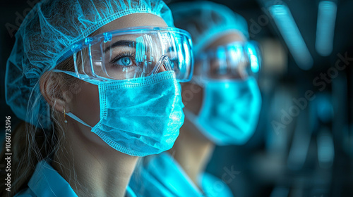 Medical professionals wearing protective gear in clinical setting, focused on their work. Their blue masks and goggles reflect commitment to safety and health