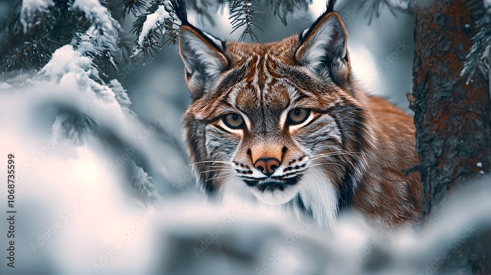 Obraz premium Close up Portrait of a Lynx Peering Through Snow Covered Trees Capturing the Stealth and Mystery of a Winter Predator