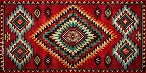 Navajo Black Ikat Paisley Ornament, Red Background, Ethnic Design