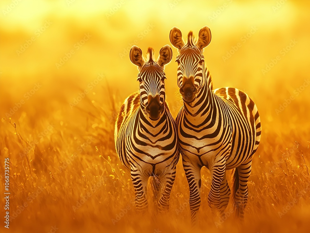 Fototapeta premium Two Zebras Standing Side by Side on the African Savanna in Golden Light