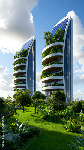 Explore how futuristic green terraces and solar panel facades redefine urban architecture and sustainability in smart cities #1068735701