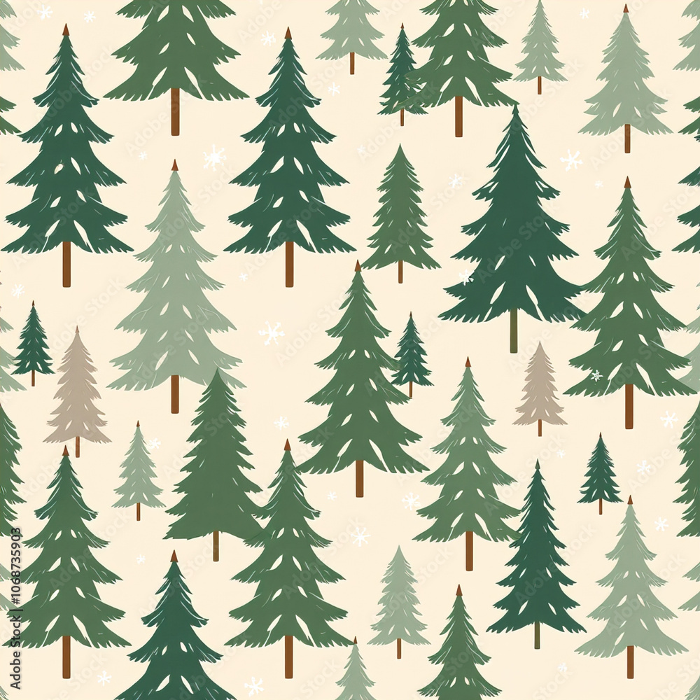 Obraz premium Christmas tree pattern on white background, festive seamless pattern with pine trees, perfect for holiday wrapping paper, Christmas decor, seasonal crafts, and winter-themed designs, ai generated