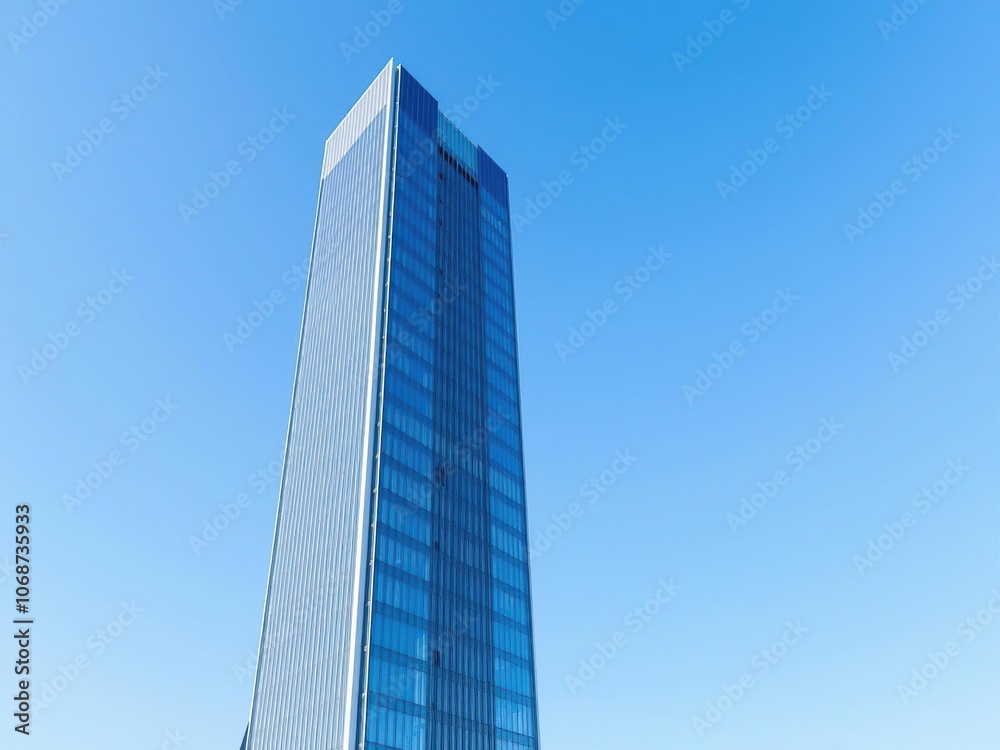 Office building with a sleek modern design standing tall against a clear blue sky, commercial Office building with a sleek modern design standing tall against a clear blue sky, commercial