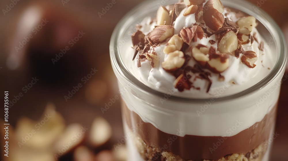 Delicious layered dessert with chocolate, cream, and nuts in a glass jar. Delicious layered dessert with chocolate, cream, and nuts in a glass jar.