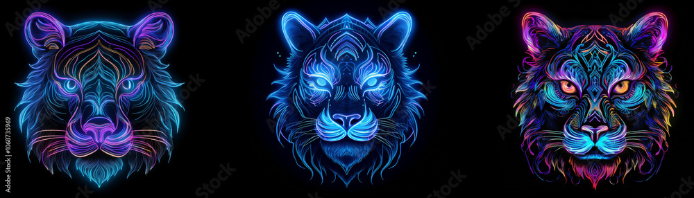 Three tiger heads are depicted in a dark background, each illuminated with glowing neon colors. Three tiger heads are depicted in a dark background, each illuminated with glowing neon colors.