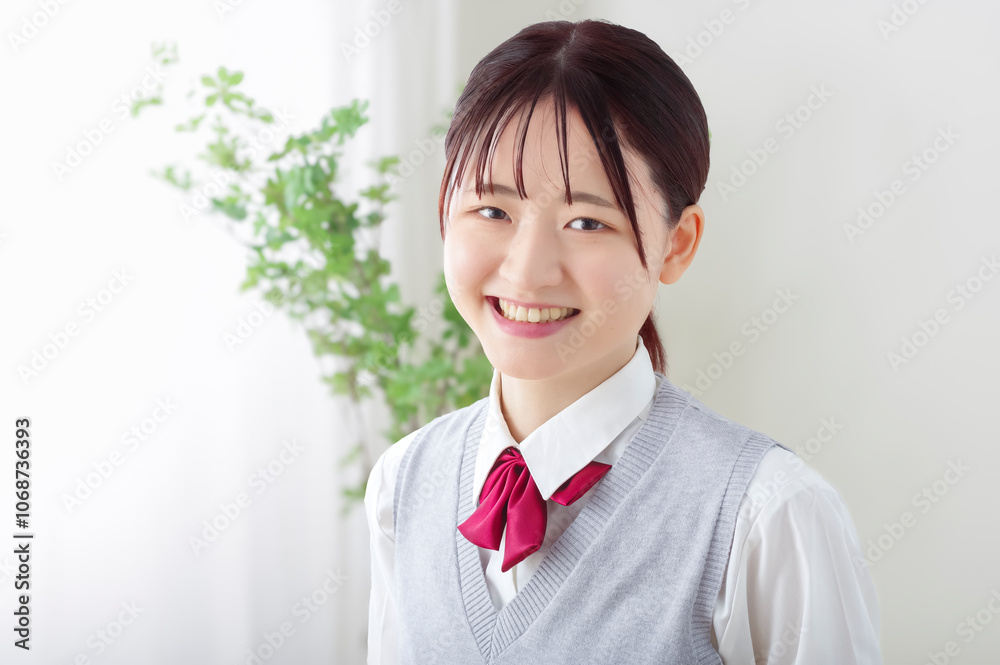 爽やかな笑顔でこちらを見つめる女子高生 爽やかな笑顔でこちらを見つめる女子高生