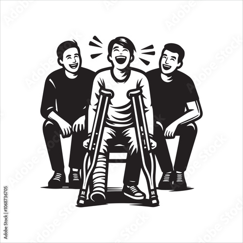 Laughter as Medicine: Finding Joy Despite Injury. A monochrome illustration depicts a young man with a broken leg and crutches, sitting between two friends who are sharing a hearty laugh with him.