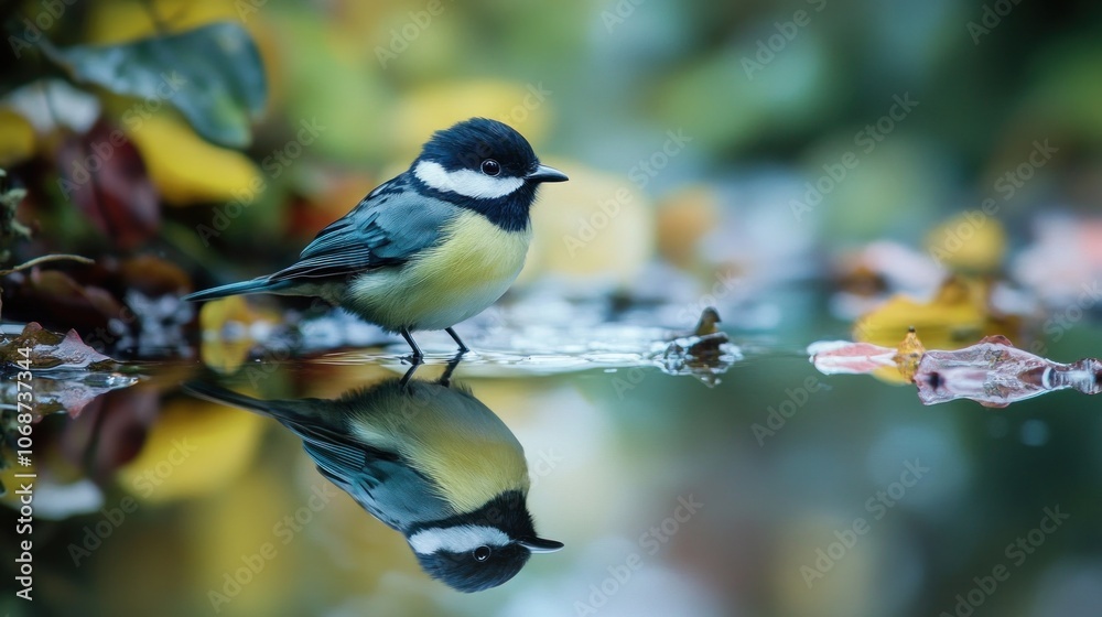 Blue Tit Standing on Water With Reflection Blue Tit Standing on Water With Reflection