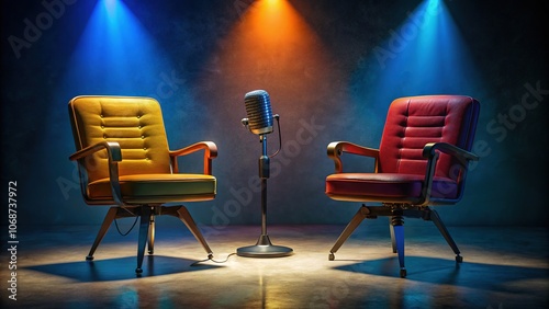 Podcast Recording Room Chairs Mic AI Photo Dark Background