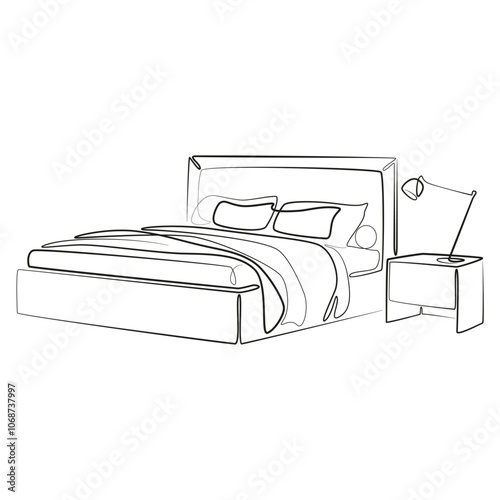 Continuous one line drawing of double bed with bedside table with lamp. Scandinavian stylish furniture for bedroom in simple linear style. Modern minimalist furniture. Doodle vector illustration.