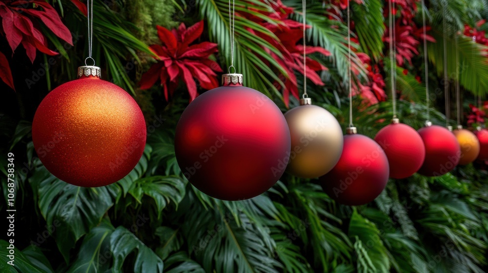 Festive ornaments hang amidst lush greenery and vibrant poinsettias, AI Festive ornaments hang amidst lush greenery and vibrant poinsettias, AI