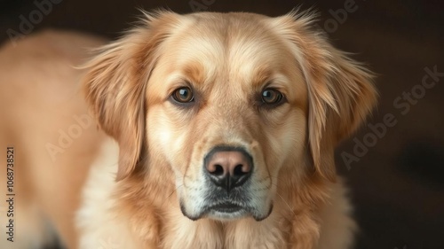 Portrait of a regal golden retriever looking directly at the camera, showcasing its shiny fur and intelligent eyes, canine