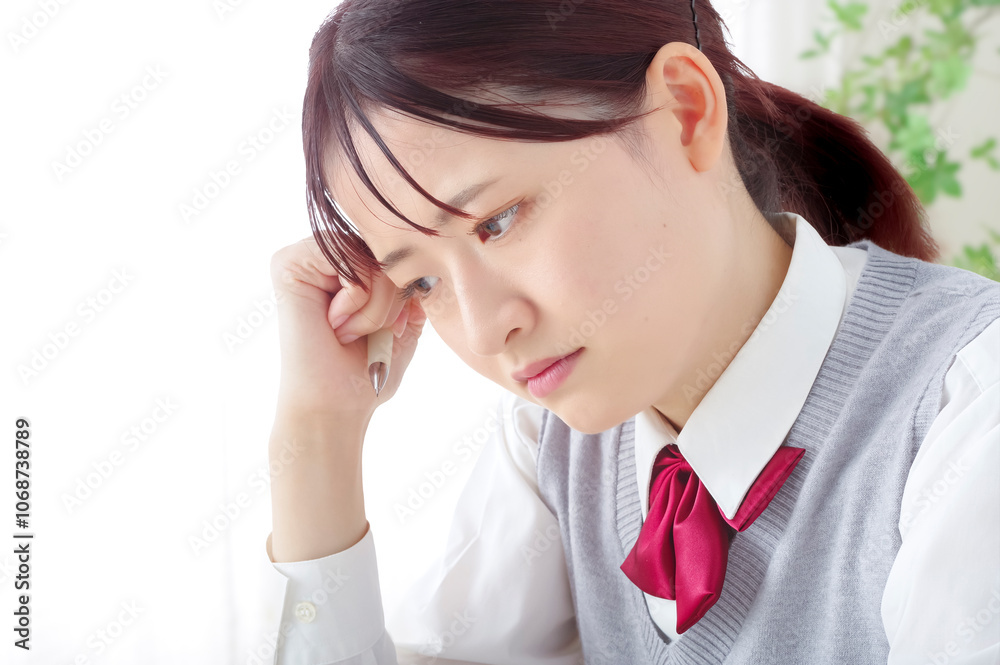 真剣な表情で勉強に取り組む女子高生