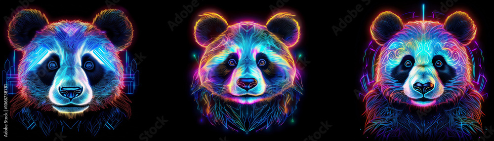 Three vibrant panda bears are portrayed in a neon glow.