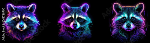 Three neon racoons with glowing purple and blue fur against a black background. photo