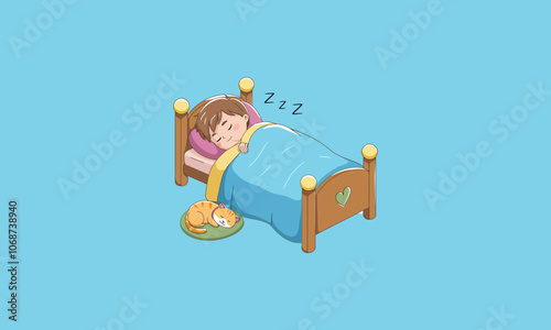 Peaceful child sleeping in bed with a cozy cat nearby
