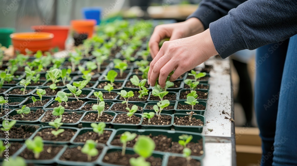 Hands Nurturing Seedlings on a Worktable in Daylight