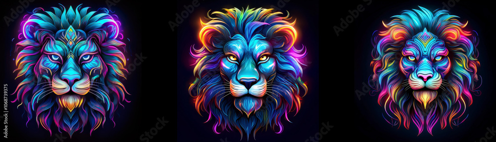 Three colorful lion heads with glowing manes against a black background. Three colorful lion heads with glowing manes against a black background.