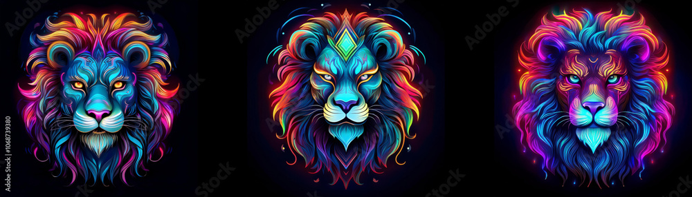 Three lions with colorful manes against a dark background. Three lions with colorful manes against a dark background.
