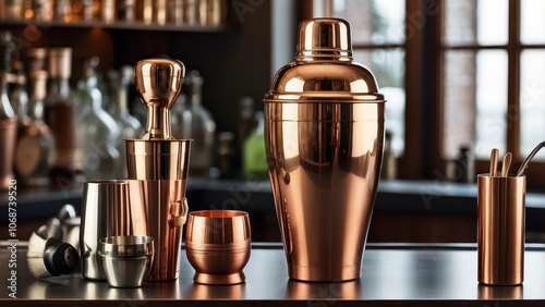 Copper cocktail shaker and other bar utensils stand on the bar counter top. photo