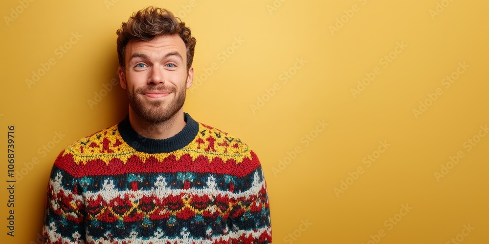 Fototapeta premium Young man in ugly Christmas sweater, standing against a yellow minimalist background. Jumper Day
