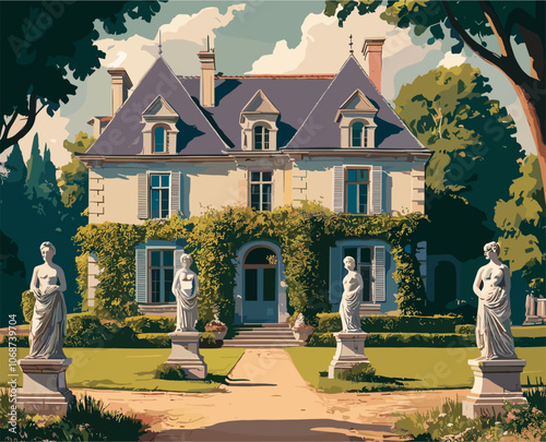 A large house, chateau with statues of women on the front lawn. The house is surrounded by a lush green garden and has a lot of windows. Vintage vector illustration for retro style poster, wall art.