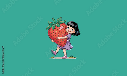 Happy girl holding a giant strawberry with excitement