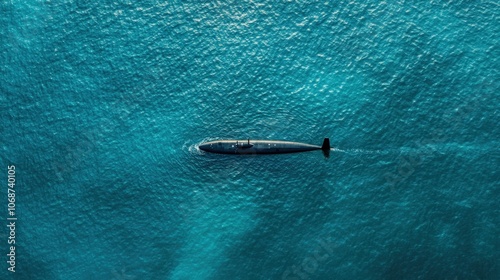 A bird's-eye view of a submarine at the surface of the water, surrounded by a calm blue sea.